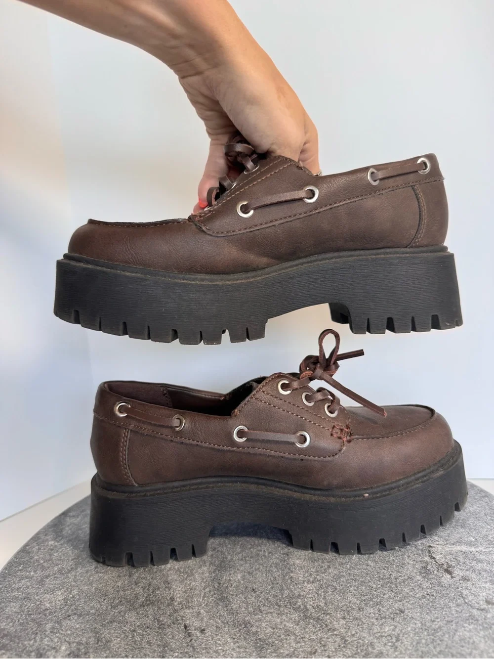 Vintage Chunky Dark Brown Faux Leather Platform Loafers Shoes 6 NOBO